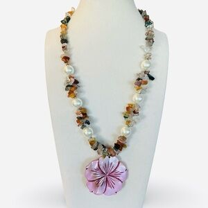 Floral Gemstone Necklace with Pink Pendant